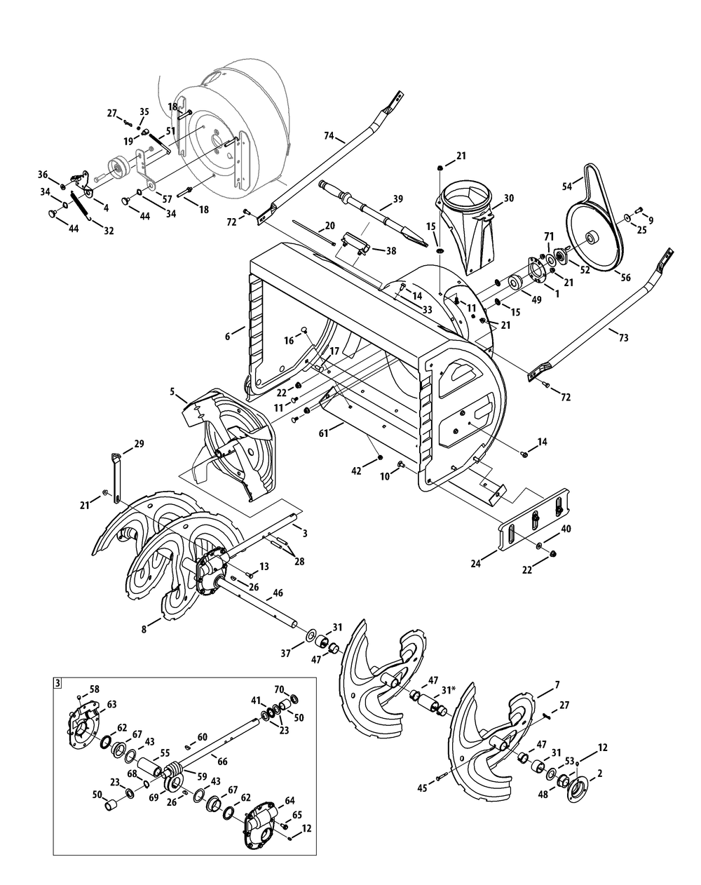 Auger, Housing And Gearbox Diagram and Parts List for 2X930SWE (31AH95SU756-31BH95SU710)(2013) Cub Cadet Snow Blower